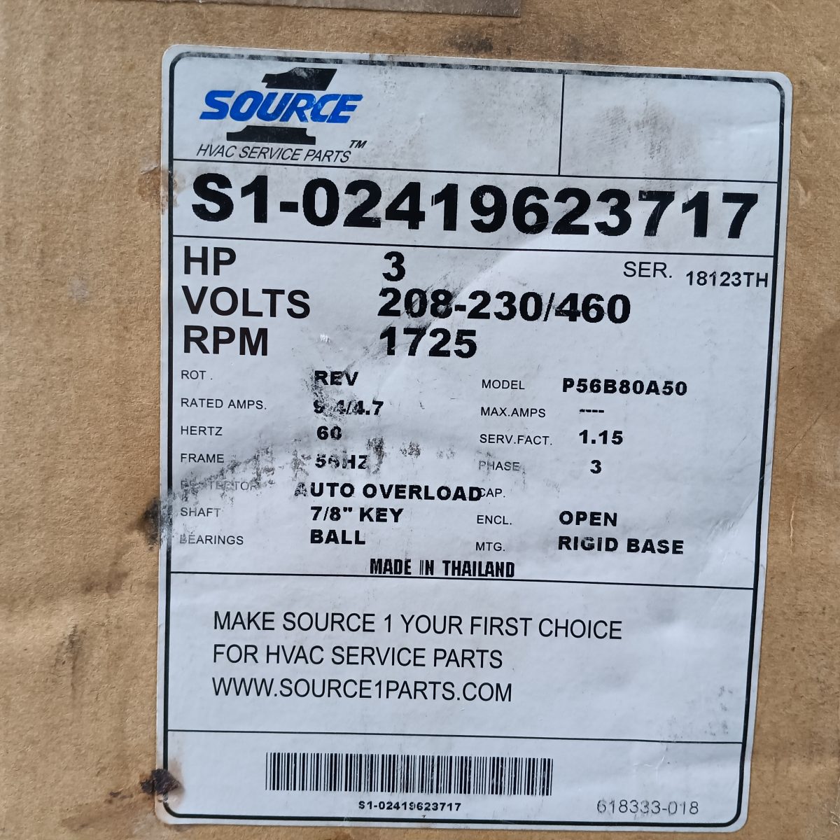 Source 1 S1-02419623717 3 HP Motor P56B80A50 208-230/460V 1725 RPM 3PH 56HZ