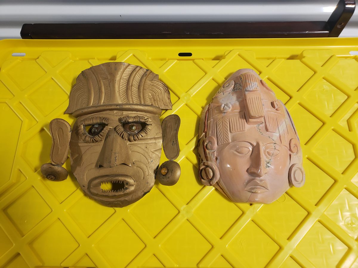 Pre-Columbian Style Ceramic Mask and Metal Tribal Mask