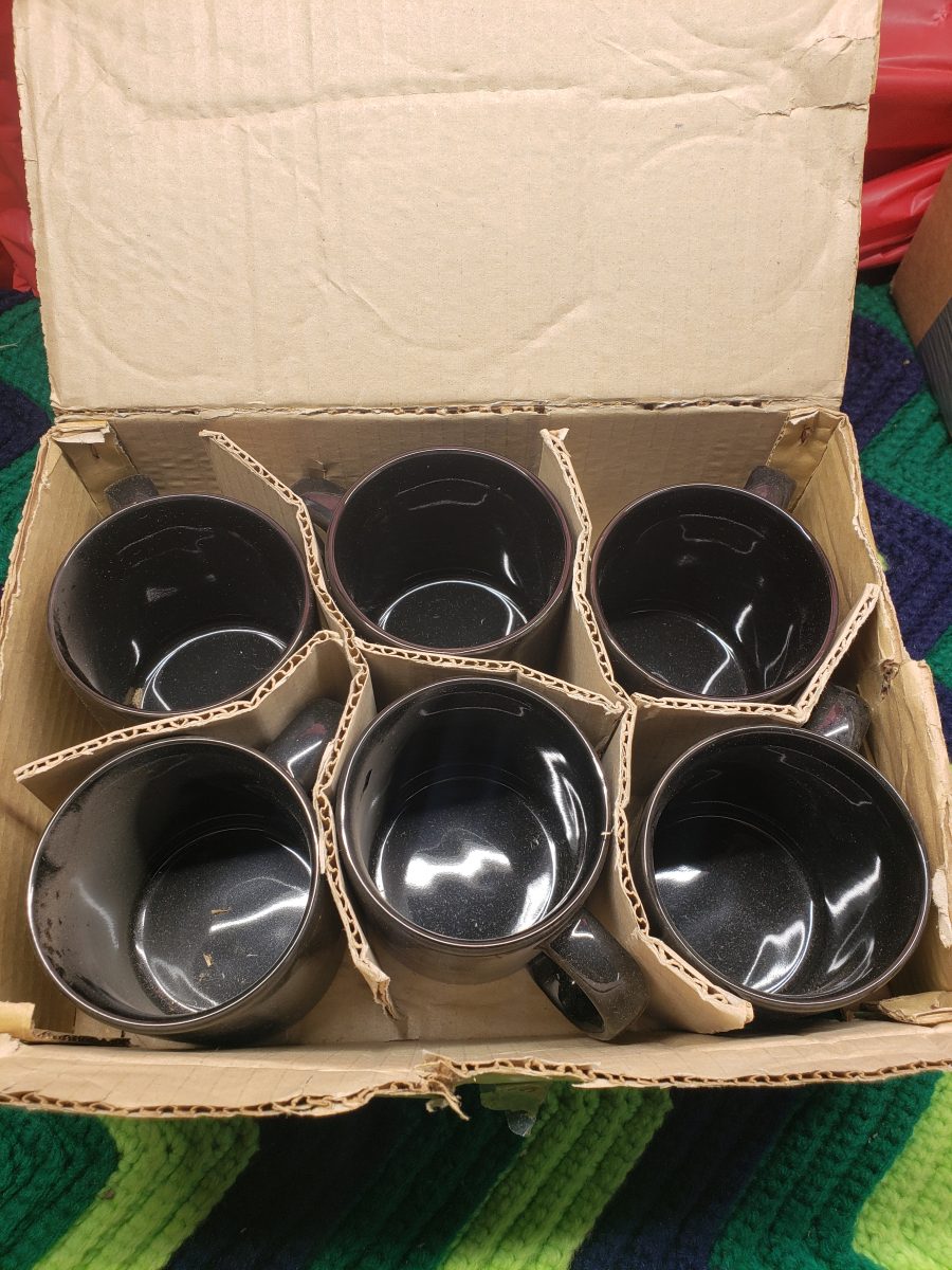 6 Kiln Craft Staffordshire England Black Coffee Mugs Topgallant Group TGI Logo