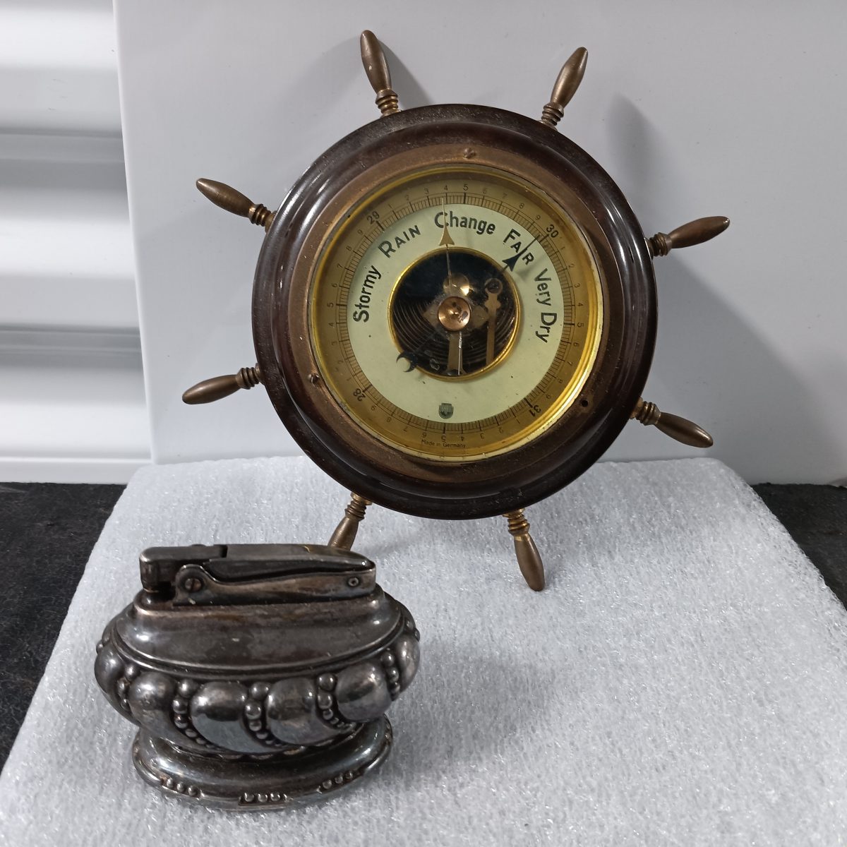 Nautical Ship's Wheel Barometer and Table Lighter Set