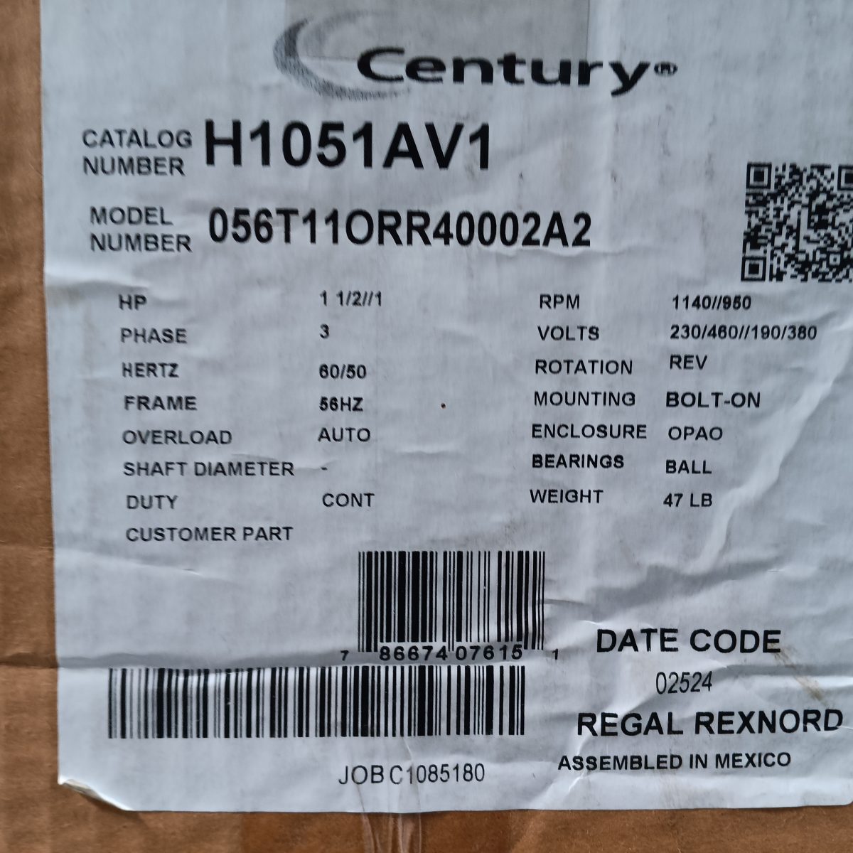 Century H1051AV1 JuggerNaut Condenser Fan Motor 1.5 HP 1140 RPM 230/460V 3PH