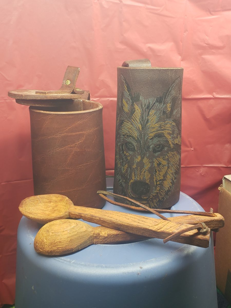 Leather and Wood Drinking Vessel Set